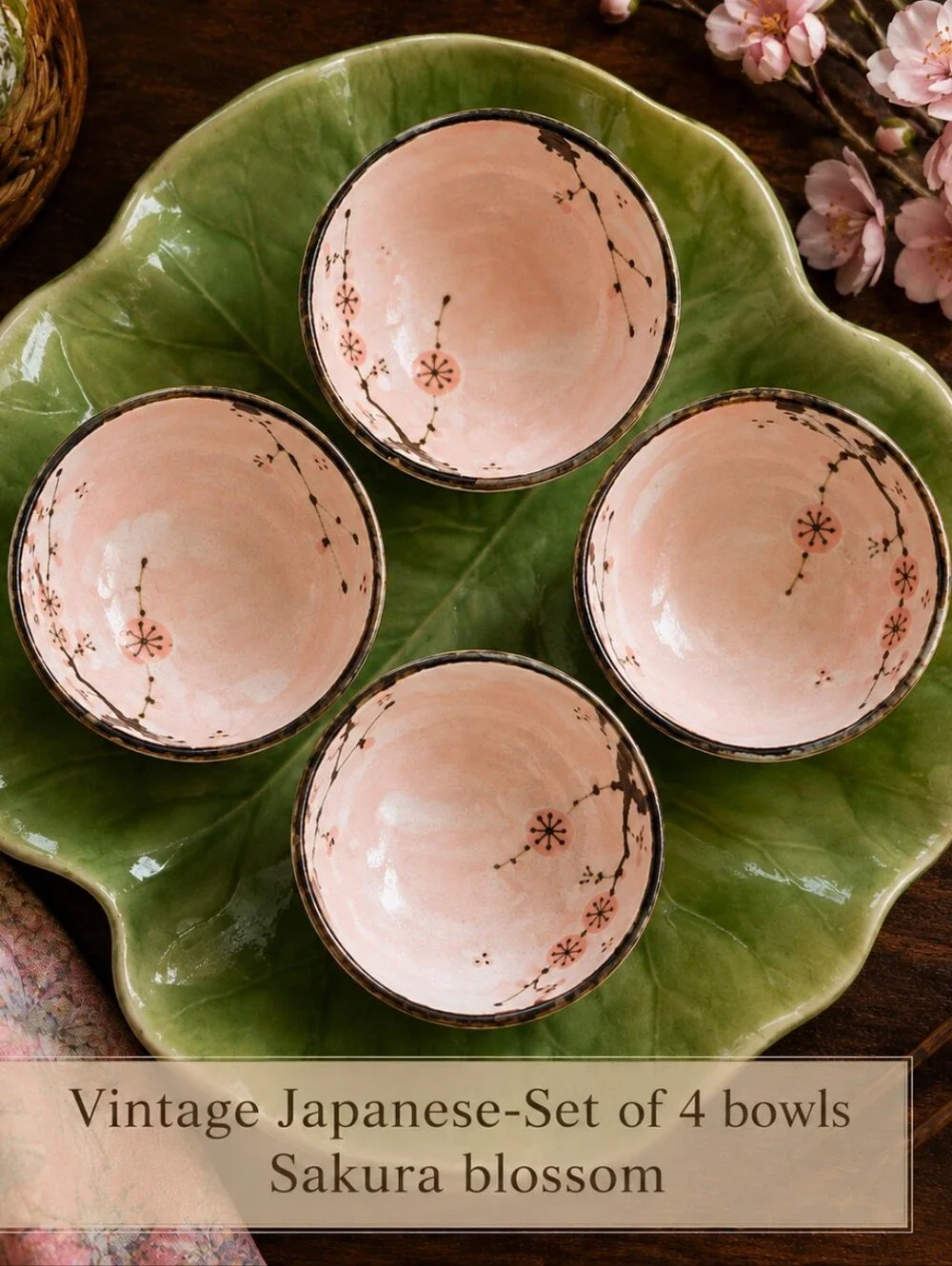 Vintage Japanese 翔川 Sakura Shino Pink Blossom Rice Bowls Set of 4 Sauce Soup Set